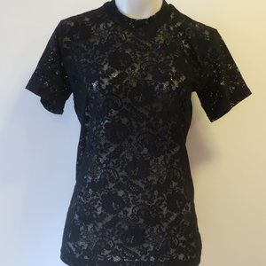 *Womens Cool Wear Black Lace Semi-Sheer Short Sleeve Top S